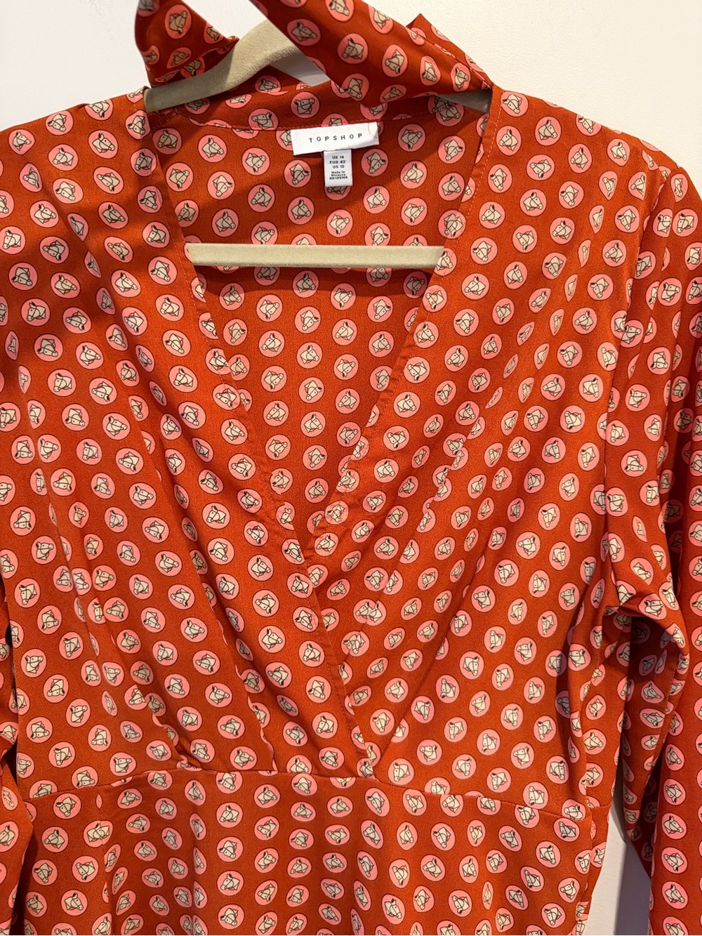 Topshop Horse Coin Print Long Sleeve Asymmetric Midi Dress Rust Orange Size 10 - Picture 4 of 13